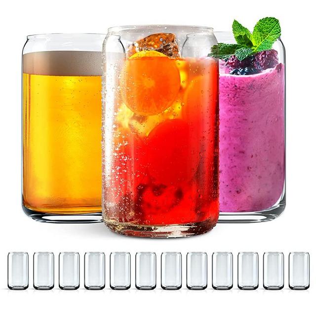 Leavenworks Glass Beer Cups | 16 oz | 12 pack | Aesthetic Can Glasses | Iced Coffee, Smoothies, Soda, Beer, Water | Unique Cups for Vinyl and Etching | Dishwasher-safe Glassware