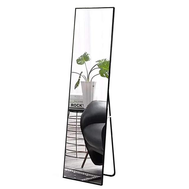 FANYUSHOW Full Length Mirror Standing Hanging or Leaning Against Wall, Simple Rectangle Bedroom Mirror Floor Mirror Dressing Mirror Wall-Mounted Mirror, Aluminum Alloy Thin Frame, 16"x59" (Black)