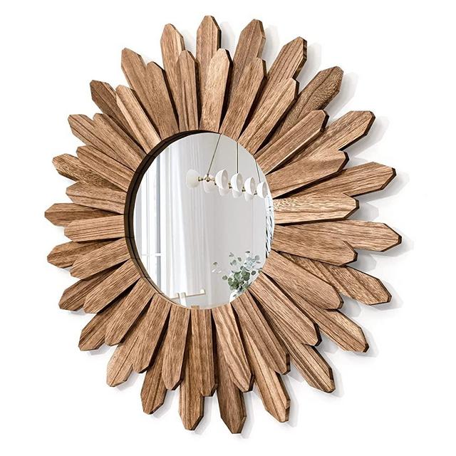 Honiway Mirror Wall Decor 21 inch Rustic Wood Boho Wall Decor Aesthetic Mirror for Room Decor Home Decor Farmhouse Wall Decor at Living Room Bedroom Carbonized Black