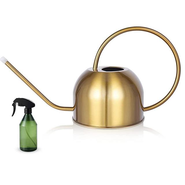 Watering Can Indoor, 50oz Decorative Gold Colored Watering Can for House Plants Indoor and Outdoor Long Spout Brass Water Can for Bonsai Succulent Garden Flower with Plastic Plant Mister