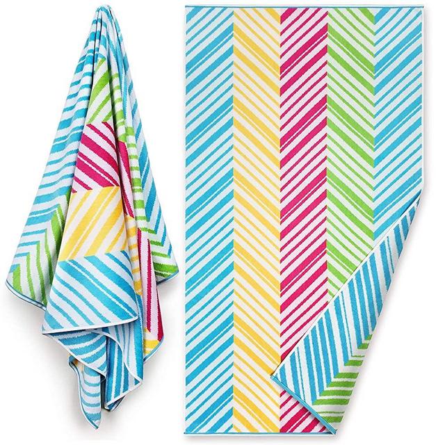 Reversible Premium Large Beach Towel 34 x 64 inch - Luxury Soft Velour in Front and Absorbent Cotton Terry Loop on Reverse Side. (Chevron, Single 34"x 64")