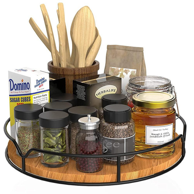 Lazy Susan Turntable Organizer with Anti-Slip Mat for Cabinet Pantry Kitchen Countertop Refrigerator Office, Pine Wood, 10", Carbonized Black