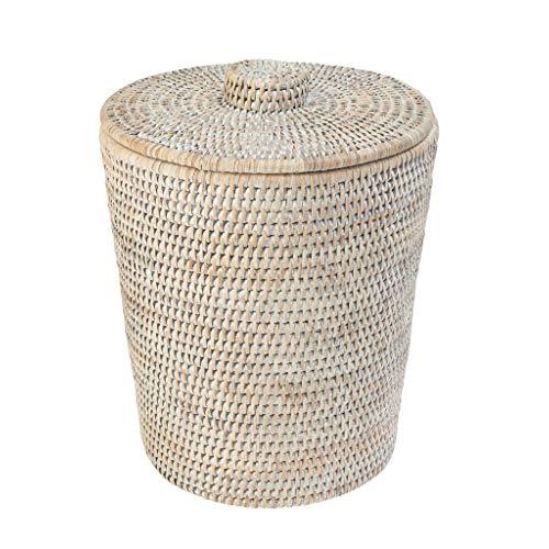 KOUBOO La Jolla Rattan Round Waste Basket with Plastic Insert & Lid, White Wash