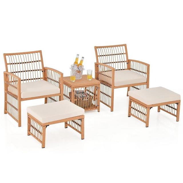 Tangkula 5 Piece Patio Wicker Sofa Set, Outdoor Rattan Conversation Set with Seat Cushions, 2-Tier Coffee Table & 2 Ottomans, Wicker Sofa Set for Backyard, Poolside (Natural)