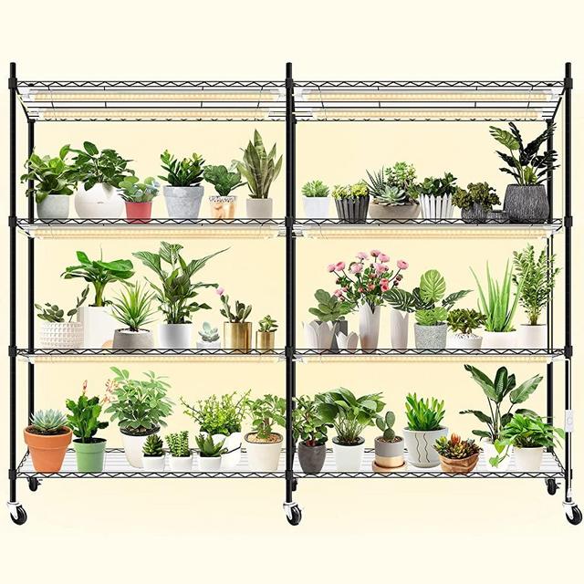 Bstrip Plant Shelf with Grow Light, 4-Tier Large Grow Light Shelf with Adjustable Rack and Wheels, Stainless Steel, 12-Pack 288W T8 Full Spectrum Grow Lights for Seed Starting, Growing, Flowering