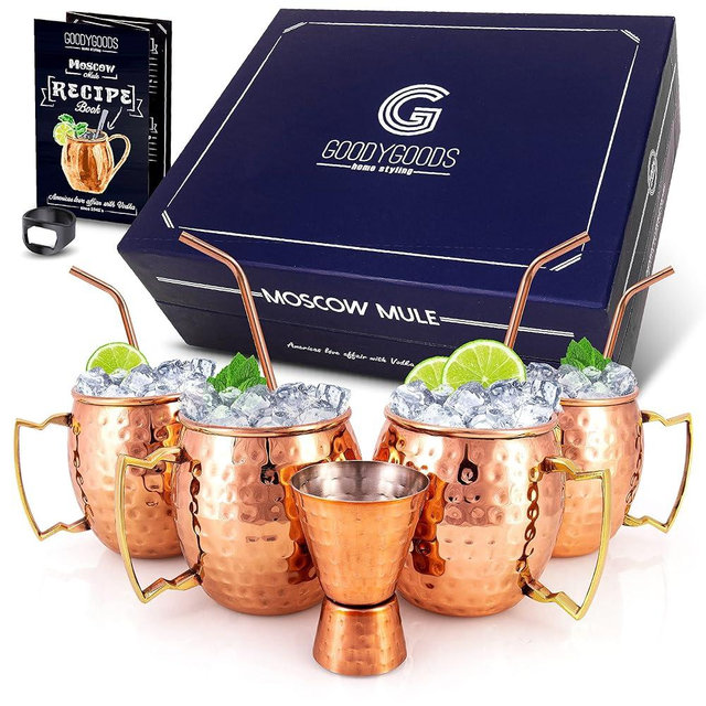 G GOODYGOODS Moscow Mule Mugs, Real Copper Plating, Stainless Steel inside Lining, Gift Set of 4 Handcrafted 18 Oz Copper Cups, 4 Unique Straws, Jigger, Ring Bottle Opener & Recipe Booklet!