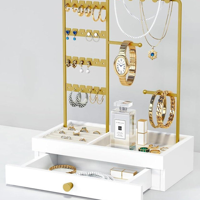 Goozii Gold Jewelry Stand Organizer Necklace Holder, Birthday Gifts for Women Girls, Small Jewelry Stand for Earrings Rings Bracelets, Velvet Jewelry Hanger Tree, Mothers Day Gifts - White and Gold