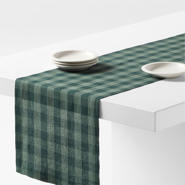 Marin 120" Spruce Green Buffalo Check EUROPEAN FLAX -Certified Linen Table Runner