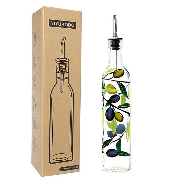 YIYUKODO 17oz Hand Painted Glass Olive Oil Bottle Dispenser- 500ml Green Oil & Vinegar Cruet with Pourers and Funnel - Olive Oil Carafe Decanter for Kitchen (olive)