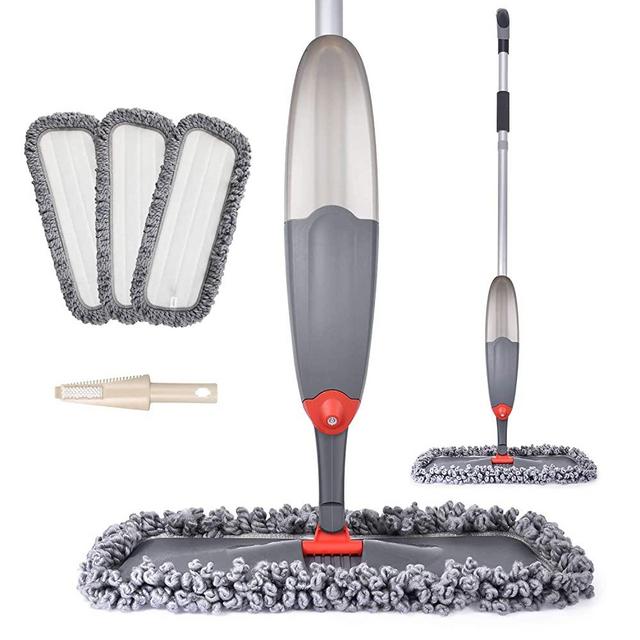 Spray Mops for Floor Cleaning, Domi-patrol Microfiber Flat Floor Mop Dry Wet Mop Spray with 3 Washable Mop Pads & 635ML Refillable Bottle, Dust Cleaning Mop for Hardwood Laminate Tile Floors, Black