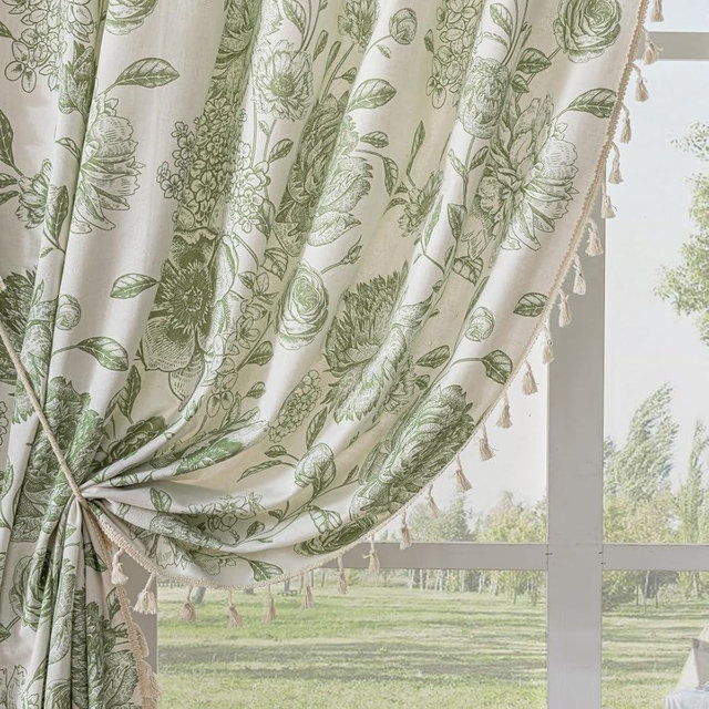 F-CHU Sage Green Floral Curtains Living Room Drapes 84 Inch Length Cotton Linen Boho Window Curtain with Tassel Rod Pocket Bedroom Macrame Drapes Flower Curtains, 2 Panel Sage Green