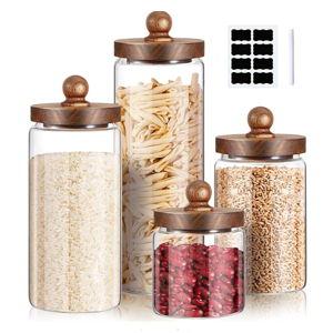 Gerrii Glass Storage Jars Set of 4, Clear Food Storage Containers with Wooden Lids Airtight Kitchen Canisters with Sticker and Chalk for Candy Cookie Rice Sugar Flour Pasta Nuts Beans Spice, 4 Sizes