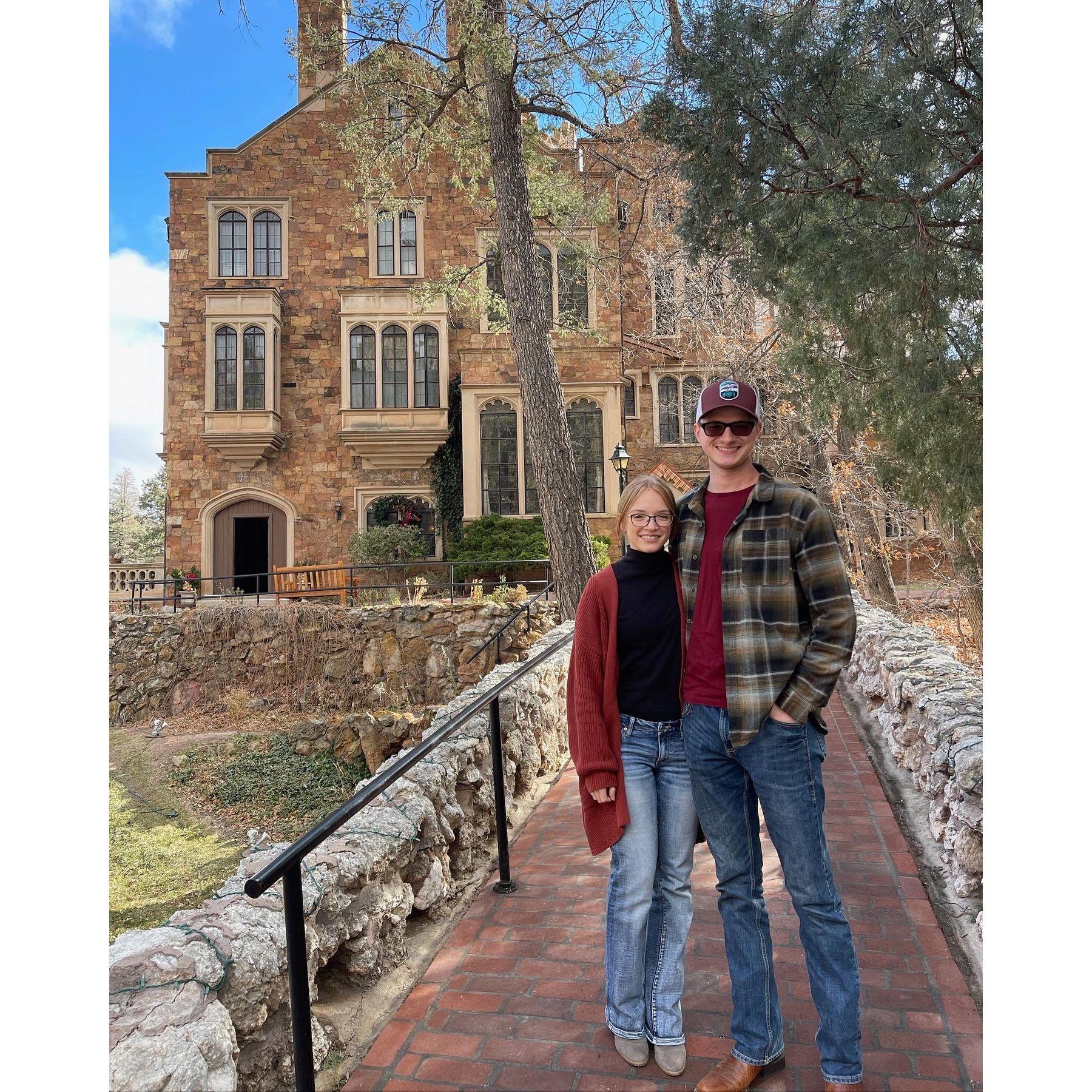Taken by Aunt Tammy in front of the Glen Eyrie castle in Colorado Springs. Right before tea time and a tour!