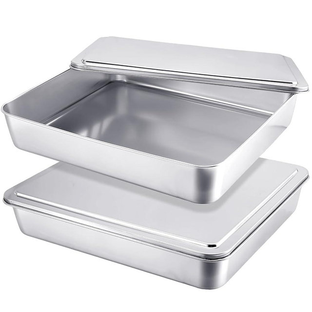 Funnymoom 2 Sets Stainless Steel Cake Pan with Lid 11 x 13 Inch Rectangle Bread Loaf Pans with Cover Rectangle Baking Bakeware for Bread Cake Brownies, Dishwasher Safe (Classic Style)