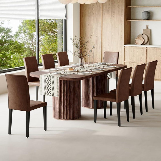 Rejeke 79" Dining Table Set for 8,Large Rectangular Kitchen Table Set for 8 with Cushioned Chairs,Modern Mid-Century Wood Dining Room Table Set,Ideal for Dining & Gatherings (Walnut)