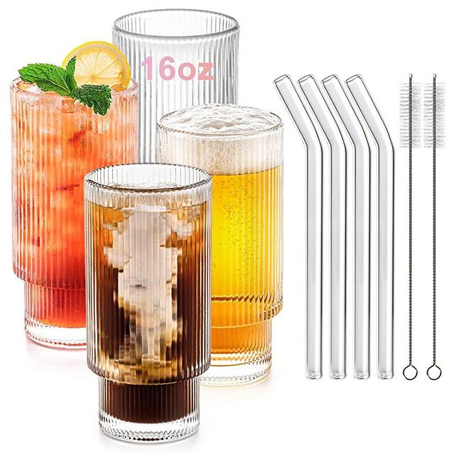 Combler Ribbed Glass Cups with Glass Straws, 16 oz Drinking Glasses, Ribbed Glassware Set of 4, Aesthetic Water Cocktail Glasses, Thick Glass Coffee Cups, Vintage Iced Coffee Cup, Coffee Accessories