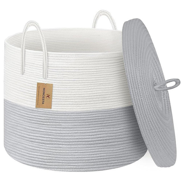 HONCESTA 18" X 14" Large Wicker Basket with Lid, Blanket Basket Living Room, Woven Cotton Rope Storage Bin, Kids Dog Toy Storage Bin Box, Tall Laundry Hamper, Blankets Pillows Organizer Holder