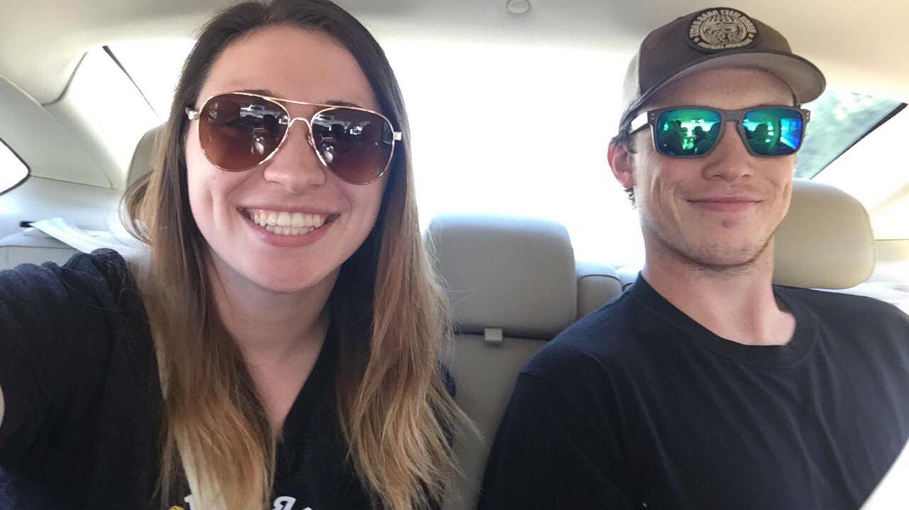 This is the first picture we took as an official couple. We were on our way to Six Flags with Alex and Austin!