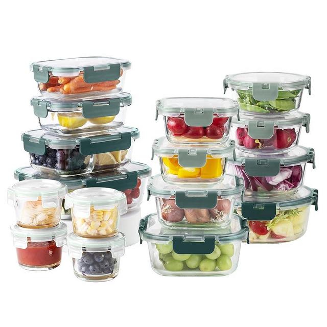 COOK WITH COLOR Premium 32-Pc. Glass Food Container Set with Dividers - 4 Rectangles, 8 Rounds, 4 Squares - Leakproof Lids - Meal Prep, Storage