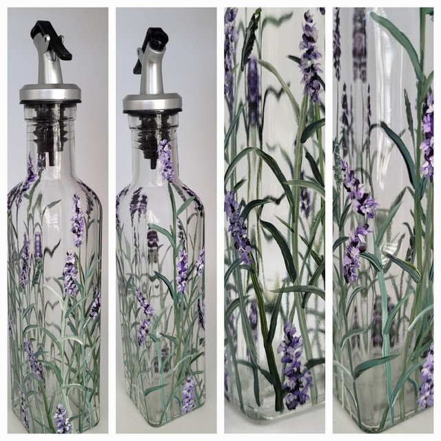 Hand Painted Decorative Olive Oil/Vinegar Dispenser/Lavender/Oil bottle 8.8 oz/Unique Gift
