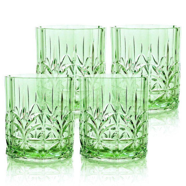 BELLAFORTE Shatterproof Tritan Plastic Short Tumbler, Set of 4, 13oz - Myrtle Beach Unbreakable Crystal Cut Old Fashioned Drinking Glasses for Whiskey - BPA Free - Dishwasher Safe - Green