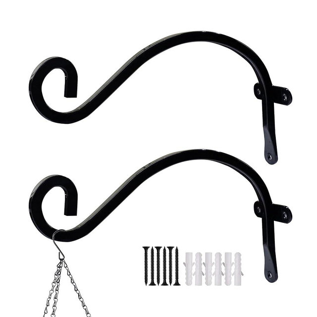 Hourleey 2 Pack Plant Hanger Outdoor, 8 Inch Heavy-Duty Hanging Plant Hook for Outside Basket, Black Metal Wall Mount Plant Bracket Hook for Flower Baskets Bird Feeder