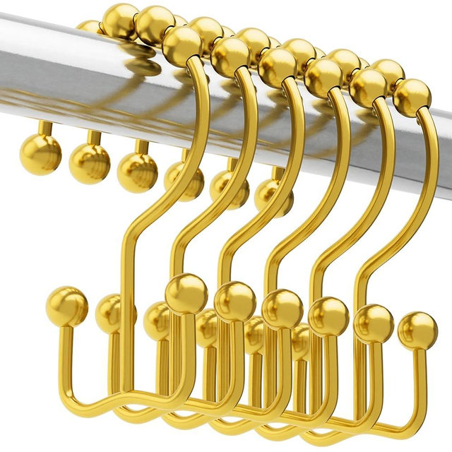 Titanker Shower Curtain Hooks Rings Gold, Metal Double Glide Shower Hooks Rings for Bathroom Shower Rods Curtains, Set of 12 Hooks - Dark Gold