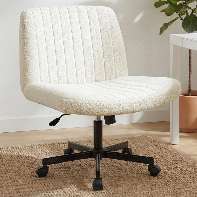 Orange Factory Criss Cross Chair Wheels Vanity Chair Office Desk Comfy Wide Cross Legged Armless Teddy Fabric Adjustable Swivel for Home Computer Task (White, Teddy Fleece)