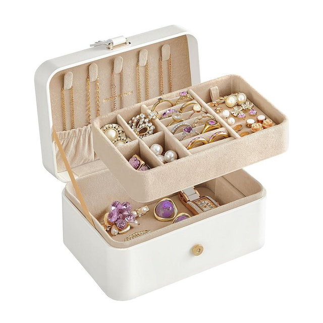 SONGMICS Jewelry Box, Travel Jewelry Case, 2-Layer Jewelry Holder Organizer, Portable Versatile Earring Storage, for Larger Accessories, Chirstmas Gifts for Women and Girls, Cloud White UJBC166W01