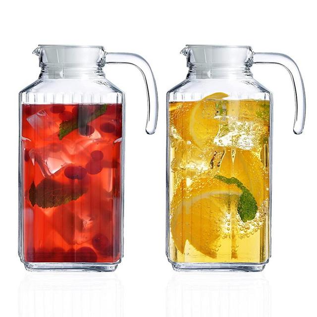 Glass Pitcher with Lid – Set of 2 Glass Water Pitcher 55Oz – Clear Cold Brew Pitcher for Water, Lemonade, Iced Tea, Coffee – Elegant and Modern – Practical Spout Pitchers for Drinks