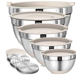 Umite Chef Mixing Bowls with Airtight Lids Set, 8PCS Stainless Steel Khaki Nesting Bowls with Grater Attachments, Kitchen Bowls with Non-Slip Bottoms, Size 5, 4, 3.5, 2, 1.5QT for Mixing & Serving