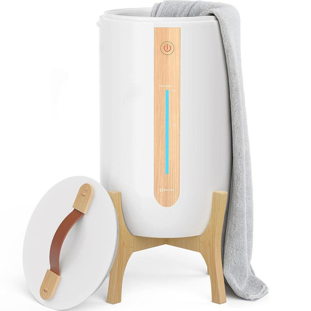 Keenray Towel Warmer for Bathroom with Wooden Stand, Towel Warmer Bucket with Heating Progress Bar, Fragrant Disc Holder, Auto Shut-Off Towel Bucket Fits Up to Two 40" x 70" Oversized Towels