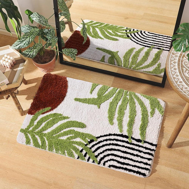 TRUEDAYS Boho Bath Mat - Absorbent Bath Mat with Non Slip Backing - Mid Century Modern Washable Bathroom Rug - Abstract Leaf Plants Bath Rug - Ultra Soft Microfiber Retro Bath Mat for Home Décor