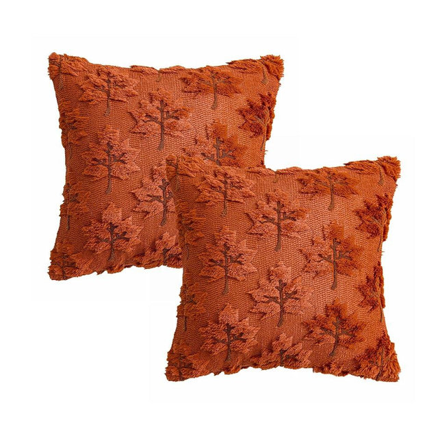 LIGICKY Fall Pillow Covers 18x18 inch Set of 2 Autumn Decorations Burnt Orange Maple Leaf Accent Embroidred Pillowcase for Sofa Couch Bed Living Room Plush Faux Fur Halloween Home Decor
