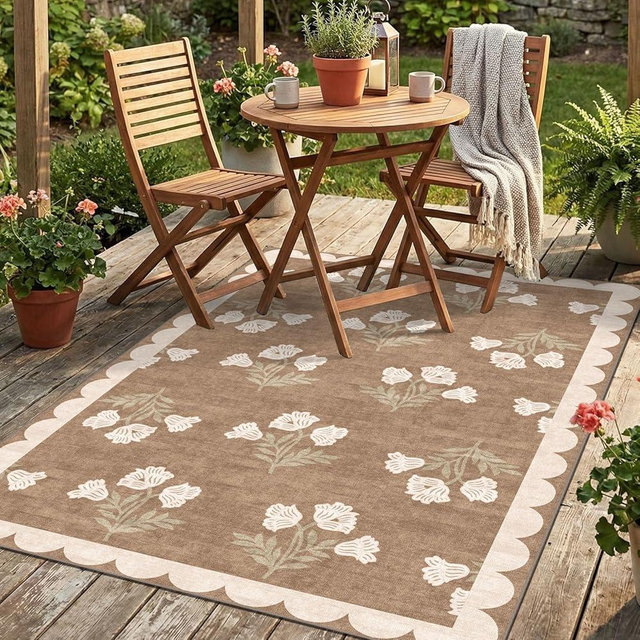 Othilic 4x6 Covered Outdoor Patio Rug - Washable Front Door Mat Entry Rug Non-Slip Large Doormat Tan Brown Cottage Farmhouse Scalloped Area Rugs for Living Room Entryway Foyer Double Door Porch Decor