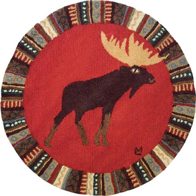 Moose on Red Hooked Wool Rug