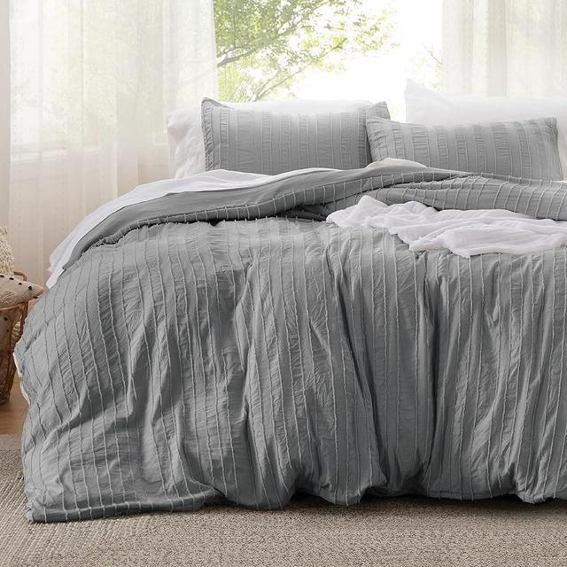 Bedsure Boho Comforter Set Full - Grey Tufted Bedding Comforter Set, 3 Pieces Farmhouse Shabby Chic Embroidery Bed Set, Striped Pattern Comforter for All Seasons