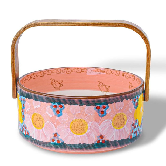 silesia Handmade Fruit Basket with Wooden Handle, 20 oz Hand-Painted Berry Bowl, Portable Handcrafted Serving Dish for Candy, Nuts & Snacks, Rustic Farmhouse Decor (Glazed Pink)