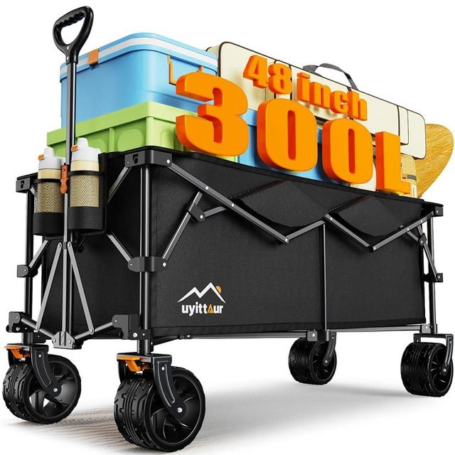 Uyittour 300L Extra Large Collapsible Foldable Wagon, 440lbs Load Capacity 48''L Extended Heavy Duty Folding Beach Wagon with Big All-Terrain Wheels, Utility Garden Cart for Outdoor Activities, Black