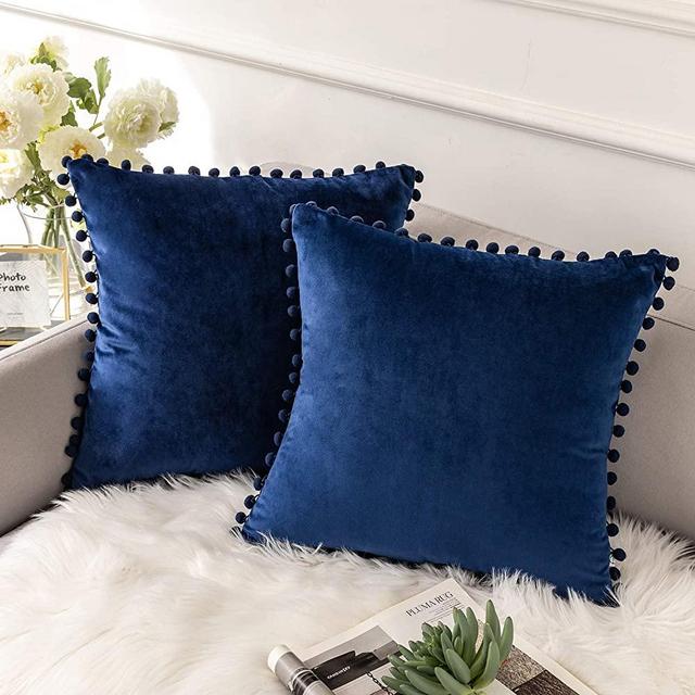Ashler Decorative Throw Pillow Covers with Pom Poms Soft Particles Velvet Solid Cushion Covers 18 X 18 for Couch Bedroom Car, Pack of 2, Dark Blue