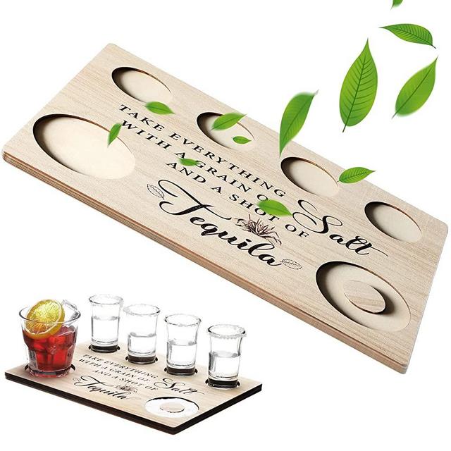 Tequila Flight Board with Salt Rim,Flight Tray Tequila Wooden Tequila Board Handmade Shot Glasses bar Serving Trays for Liquor Display Tequila Tasting Set (Wood Color)