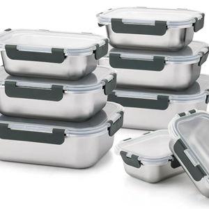 Cuiselect 8 PCS Stainless Steel Lunch Box, 4-Size (58/41 /24 /14Oz) Stackable Metal Bento Boxes BPA Free Dishwasher Safe, Food Storage Containe, Leakproof Reusable Meal Storage for Work,Travel (Gray)