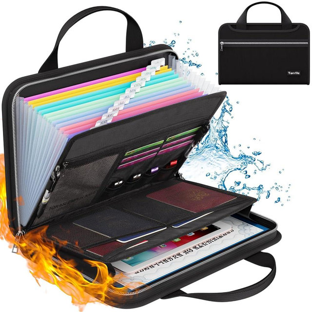 Tamfile Fireproof Accordion File Organizer with Handle, 13 Pocket Expanding File Folder with Zipper & Labels, File Folder with Multi-Pockets Paper Organizer Folder for Letter A4 Files