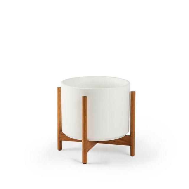 Modern Ceramic Planters with Wooden Stand, White - Mini