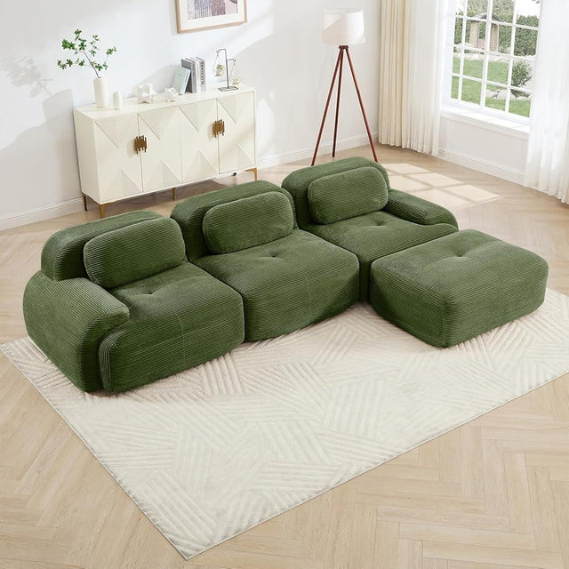 117" Modern Corduroy Cloud Sofa with Ottoman, L Shaped Boneless Modular Large Sectional Couches for Living Room, Green 3 Seater Compressed Memory Foam Couch, Extra Deep Seat, No Assembly