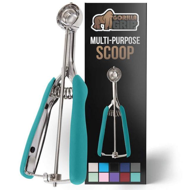 Gorilla Grip Premium Stainless Steel, Spring-Loaded Scoop for Fruit, Cookie and Ice Cream, Easy Squeeze and Clean Release, Comfortable Handle, Small, 2TSP Scooper Size 100, Uniform Portions, Turquoise