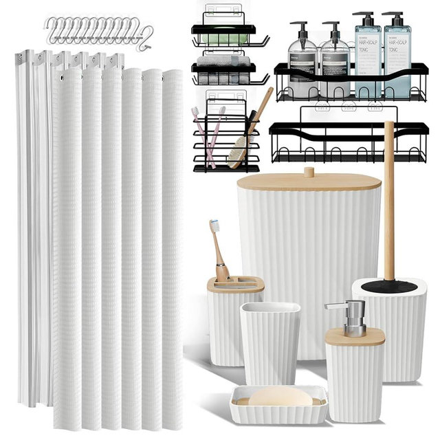 Shower Caddy and Bathroom Accessories Set 25PC Bathroom Accessory Set with Shower Shelf Caddy for Bathroom Storage, White Shower Curtain Set, Toilet Brush, Trash Can, Soap Dispenser, Toothbrush holder