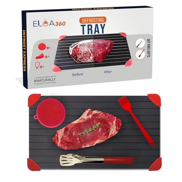 Eloa360 Defrosting Tray, Rapid Thawing Tray for Frozen Meat, thaw Plate, Defroster Board Aluminium Plate with Silicone Cleaner, Hanging Tie, Stainless Steel, Tongs and Oil Brush 33.5x22.5