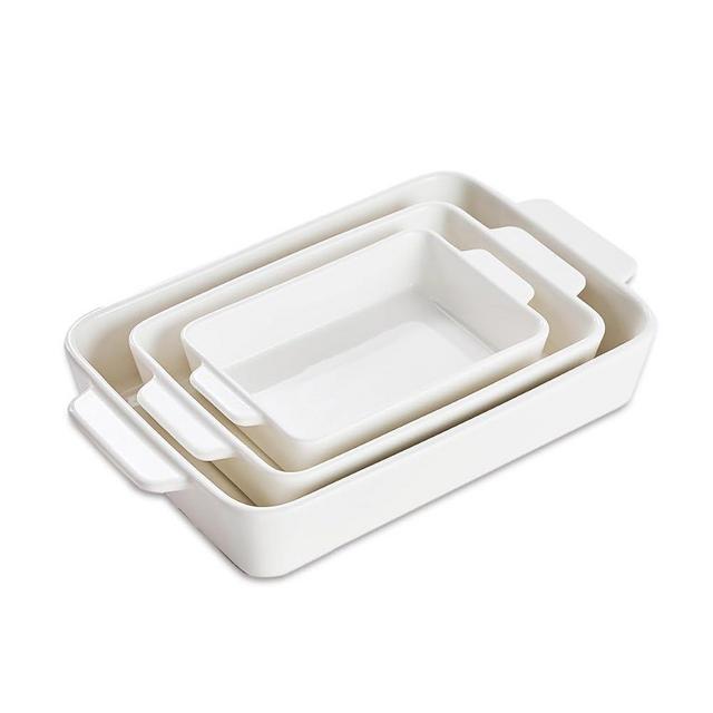 Ceramic Bakeware Set, Rectangular Porcelain Baking Dishes for Kitchen, Lasagna Pans with Handle for Cooking, 13"/10"/7.6" Baking Pan Deep Casserole Dish for Baking, Set of 3 White
