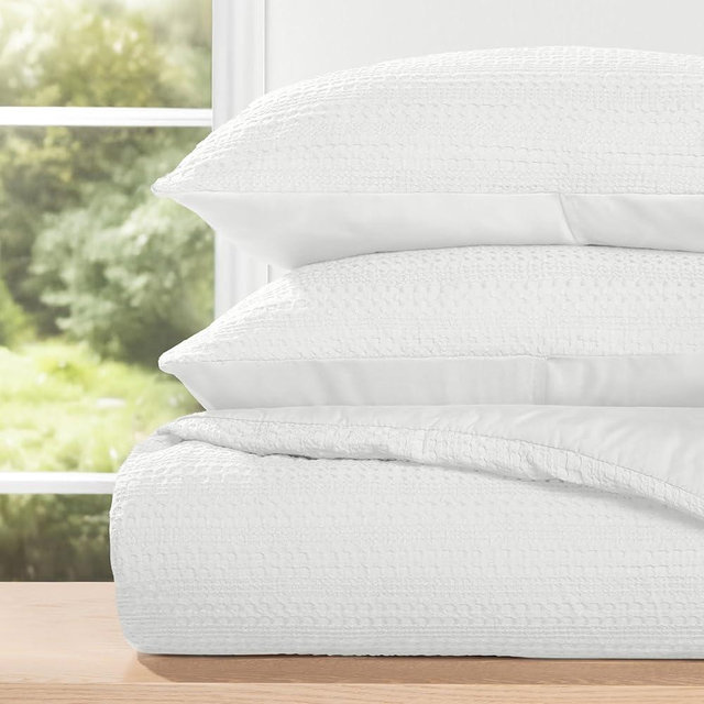 LINENS & HUTCH Waffle Textured 3 Piece Comforter Set All Season Down-Alternative Ultra Soft Bedding - King/Cal-King White